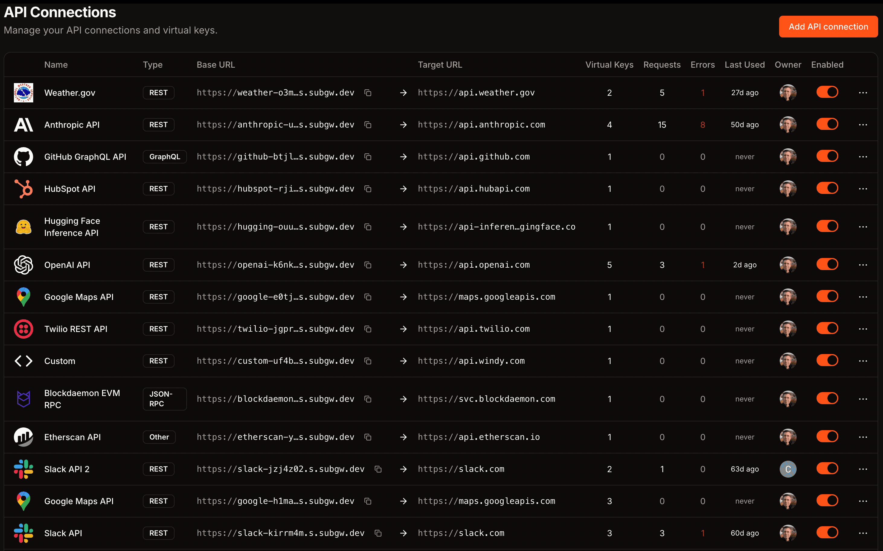 API connections interface